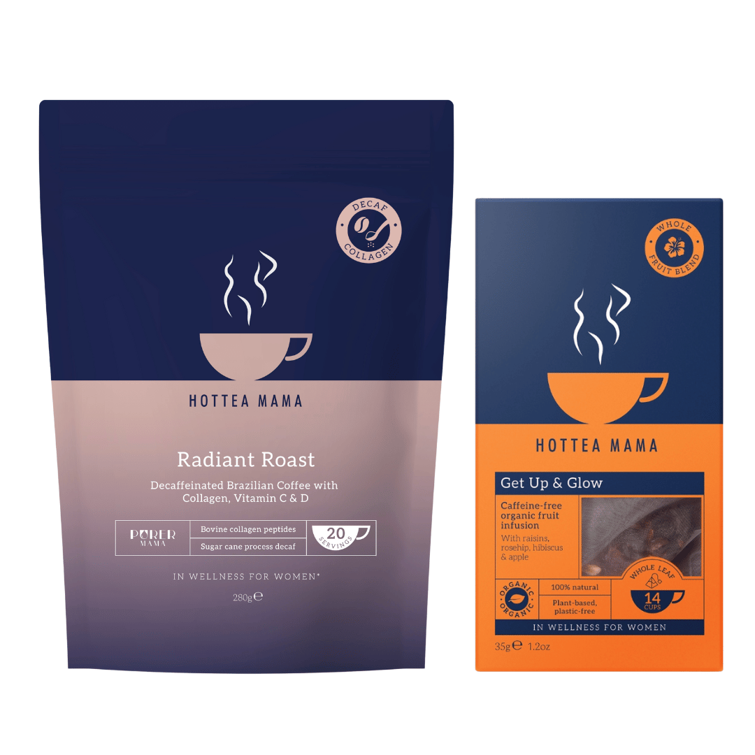 Hottea Mama Radiant Roast decaf coffee, and Get Up & Glow caffeine free tea packages on a white background.
