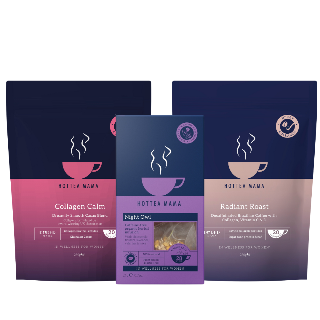 Hottea Mama Collagen Calm, Night Owl tea, and Radiant Roast coffee on a white background