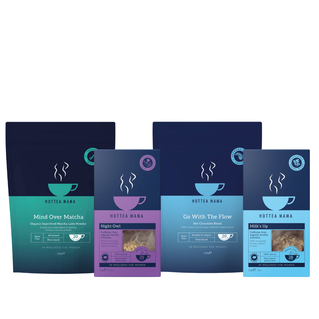 HotTea Mama's Mind Over Matcha, Night Owl tea, Glow With The Flow lactation hot chocolate and Milk's Up breastfeeding tea on a white background.