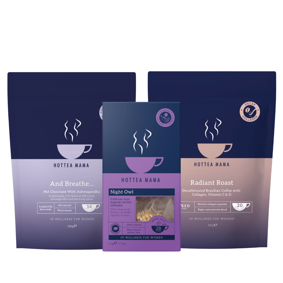 HotTea Mama And Breathe, Night Owl and Radiant Roast packages on a white background
