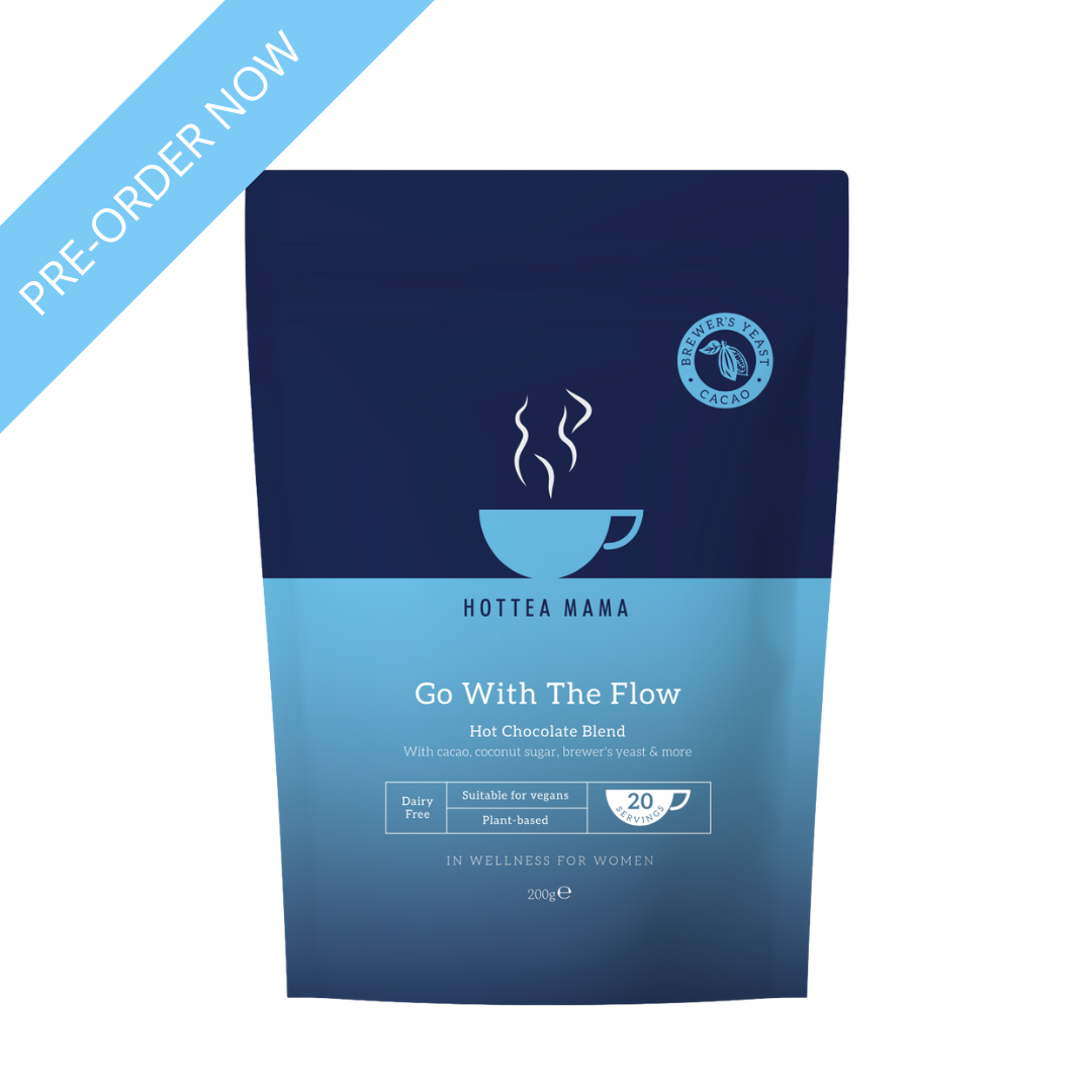 Blue packaging of HotTea Mama lactation support hot chocolate blend on a white background