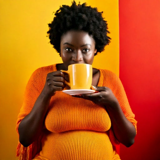 Black pregnant lady with short, touselled hair sipping  from a tea cup, in an orange top on yellow and orange background