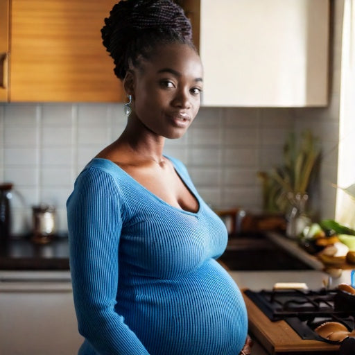 Beautiful pregnant black lady in blue top, stood in kitchen 