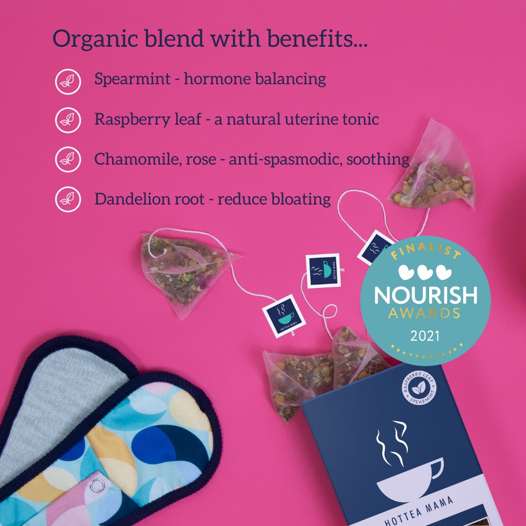 Over the Moon tea pack photographed from above with text on image stating it can support during your monthly cycle, with irregular periods, endometriosis and PCOS