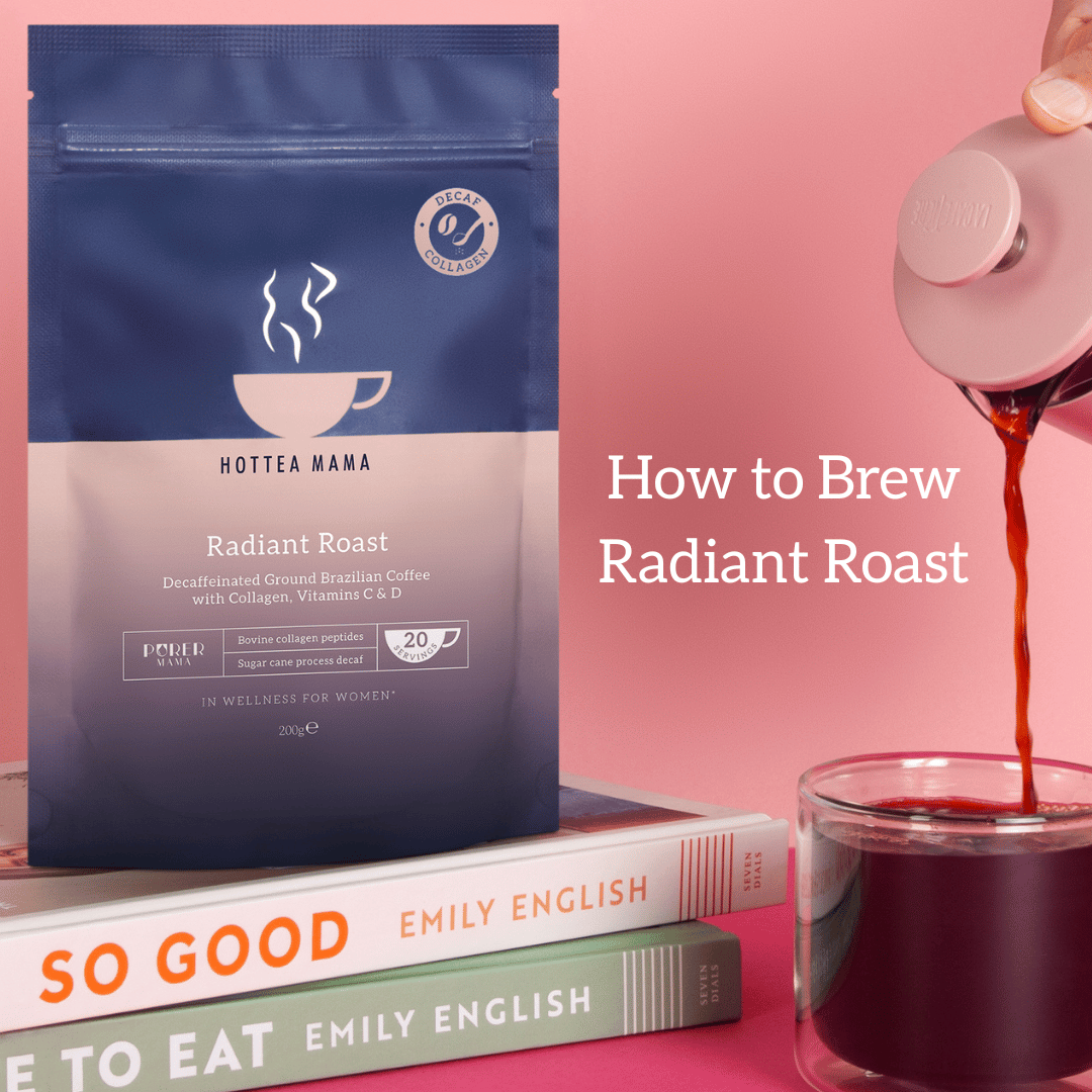 Image of Radiant Roast on a stack of books with a cafetiere pouring it into a cup