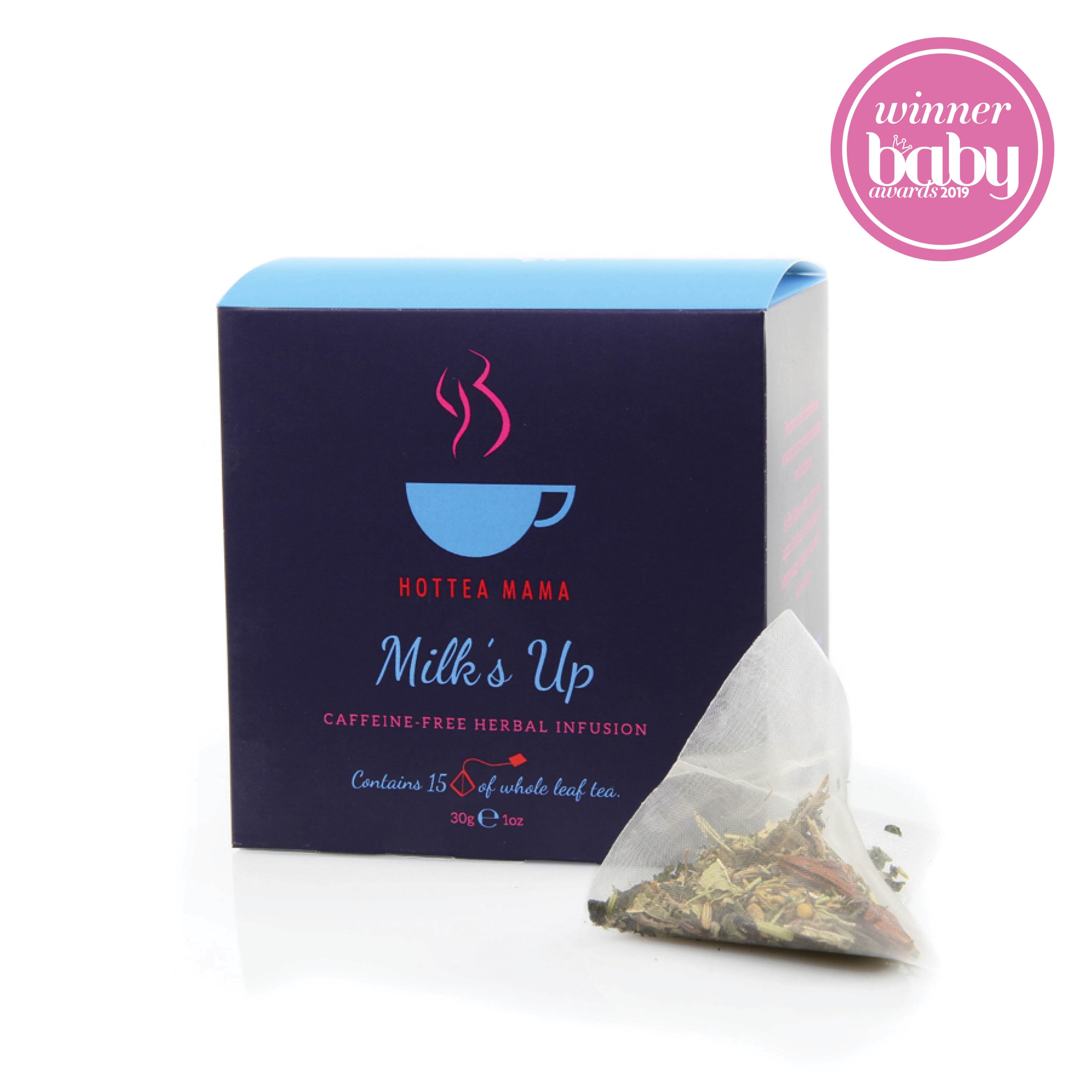 Milk's Up Breastfeeding Tea box with whole leaf tea bag and Baby Award Logo showing Best Maternity Product 2019