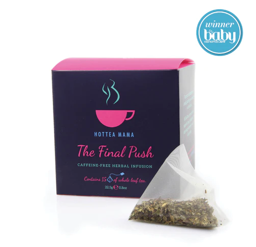Pack shot of The Final Push tea box with whole leaf tea and UK Baby Awards logo