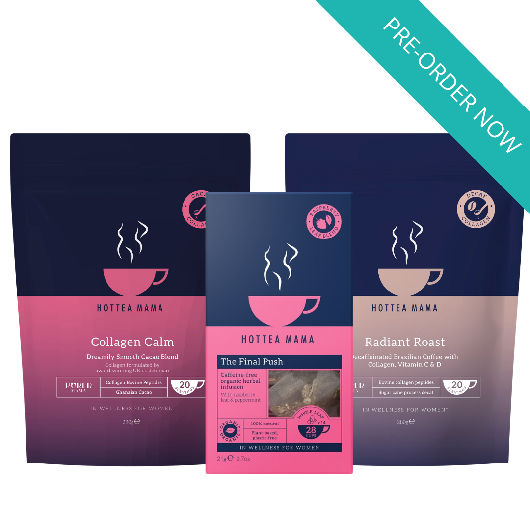 Three Hottea Mama tea packages with 'Pre-Order Now' text on a white background
