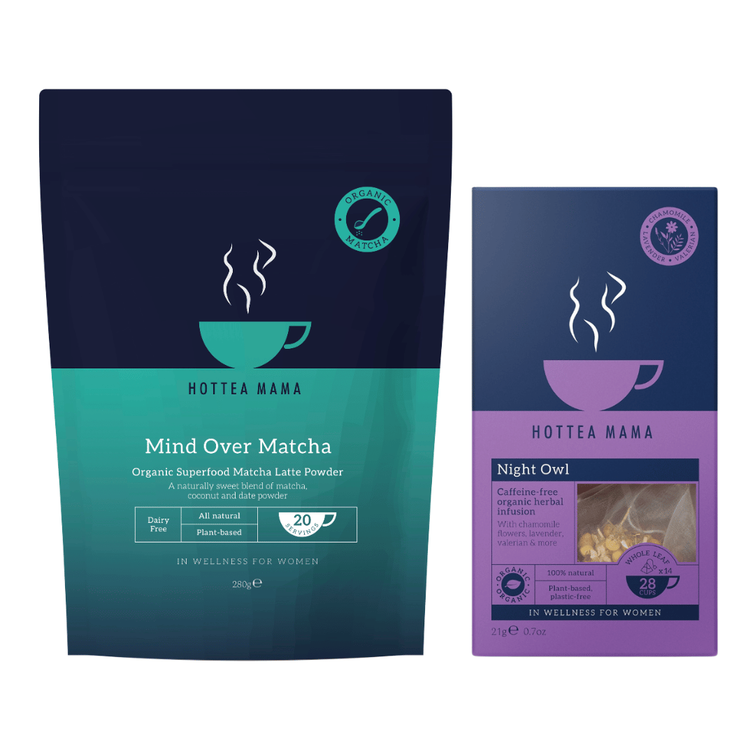 Hottea Mama's Mind Over Match and Night Owl tea packages on a white background