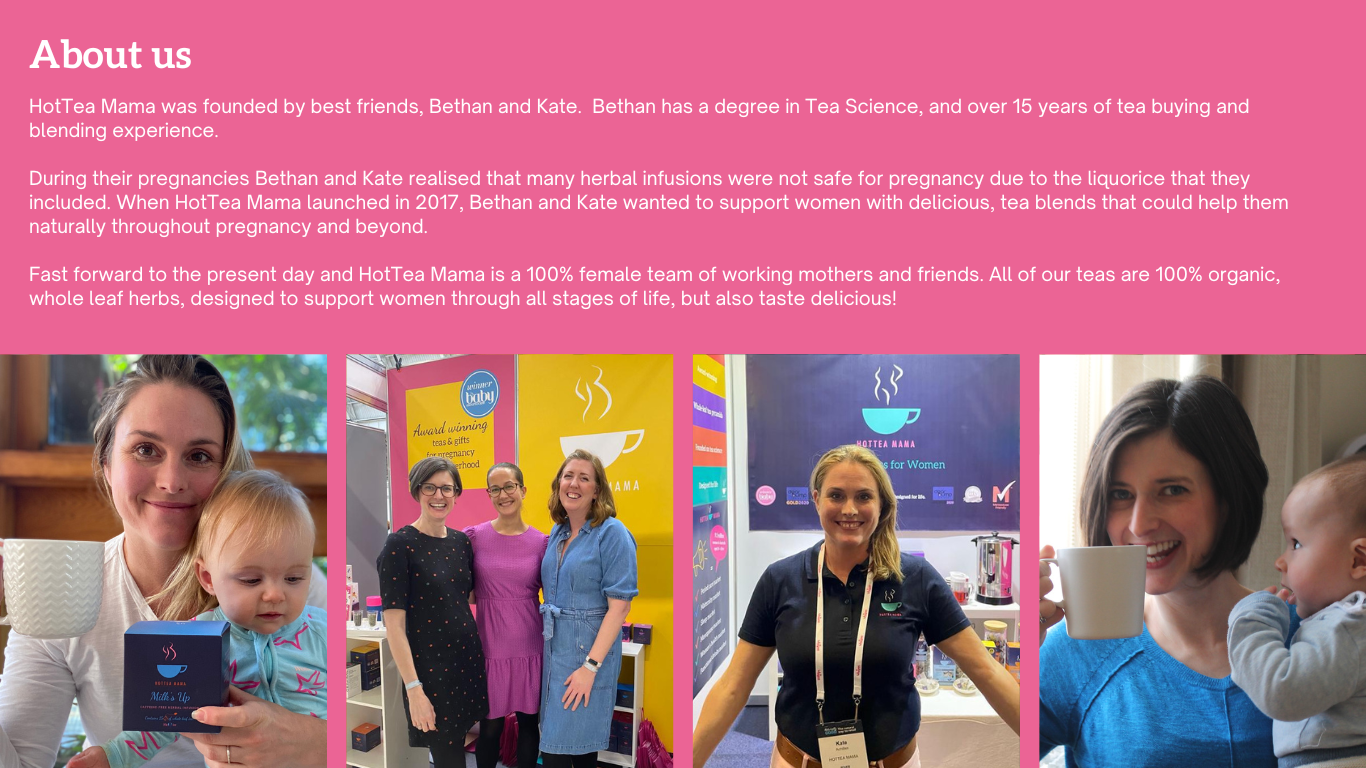 About HotTea Mama with pictures of Bethan, Kate and the HotTea Mama team, HotTea Mama makes award-winning tea for women's wellness and is run by women too