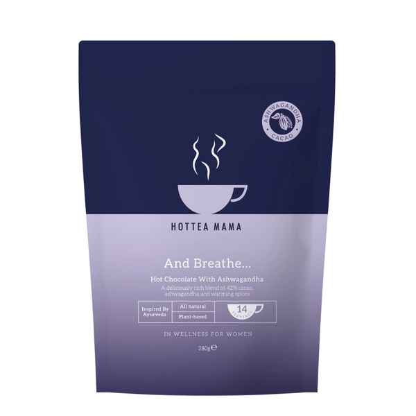 And Breathe ashwagandha hot chocolate packet on a white background