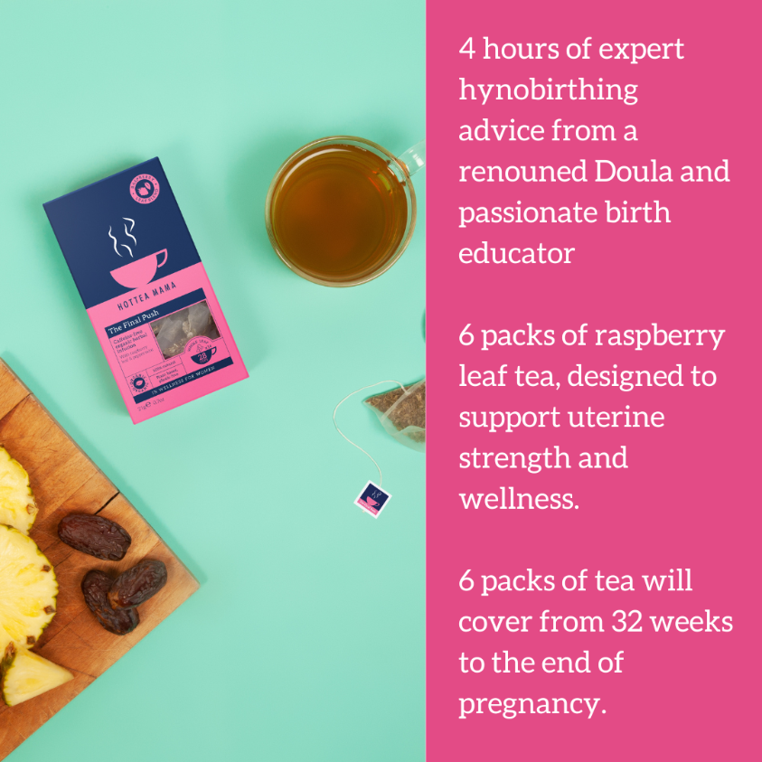 Infographic showing HotTea Mama pregnancy teas and text stating that this set includes 4 hours of hypnobirthing advice from a doula and hypnobirthing expert, plus 3 teas - raspberry leaf, morning sickness support and a fruit tea