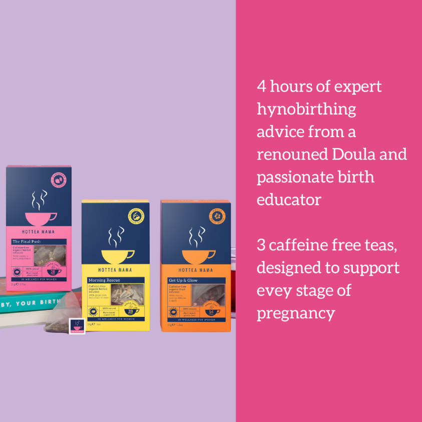 Infographic showing HotTea Mama pregnancy teas and text stating that this set includes 4 hours of hypnobirthing advice from a doula and hypnobirthing expert, plus 3 teas - raspberry leaf, morning sickness support and a fruit tea