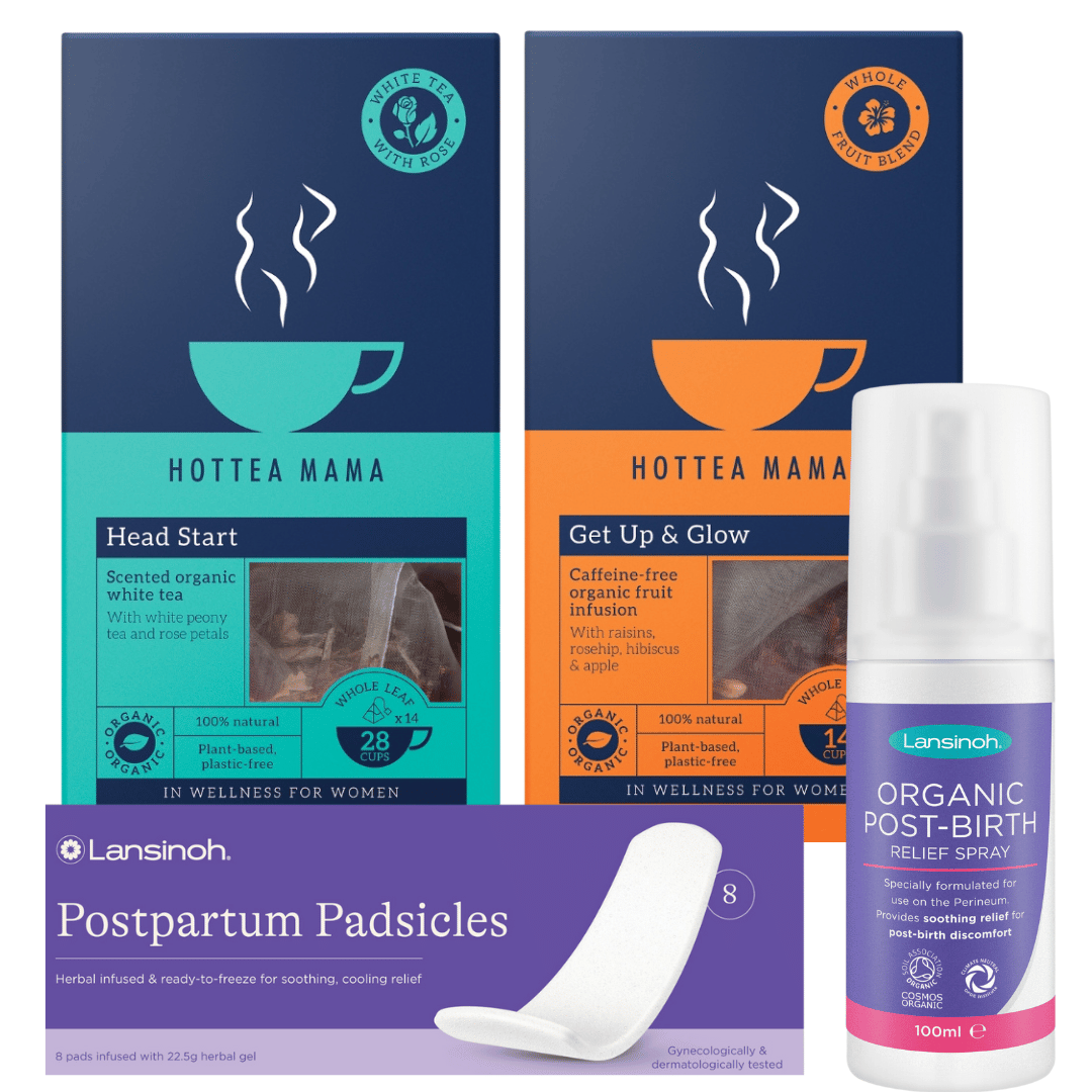 Image of HotTea Mama Postpartum Recovery Set including Head Start slow release caffeinated white tea with rose and Get Up & Glow caffeine free uplifting fruit blend, Lansinoh Postpartum Padsicles and Post Birth Relief Spray.
