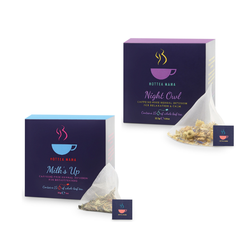 HotTea Mama Milk's Up tea and Night owl tea pack showing whole leaf tea bags for new mums
