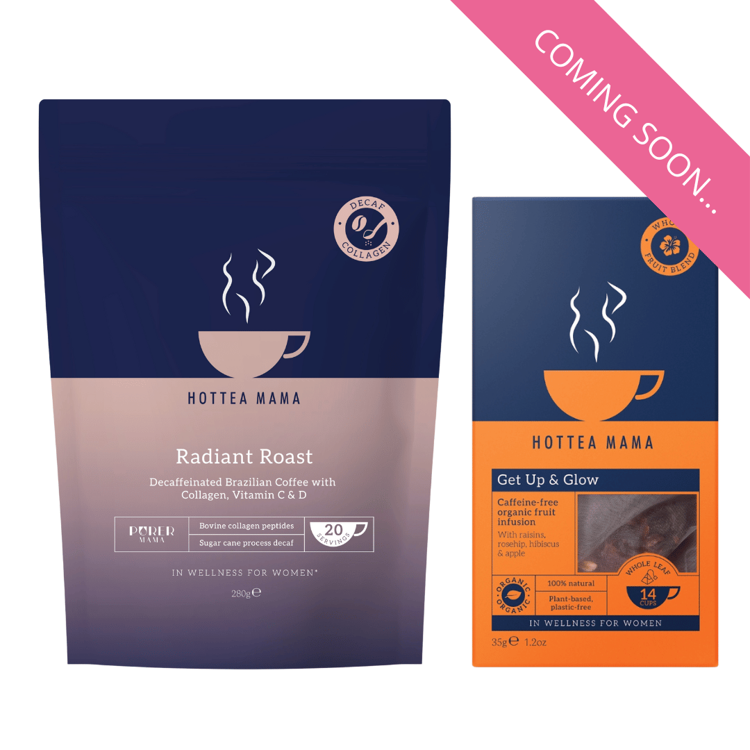 Hottea Mama decaff coffee and fruity caffeine free tea packages, one purple and one orange, on a white background with 'Coming Soon' text.