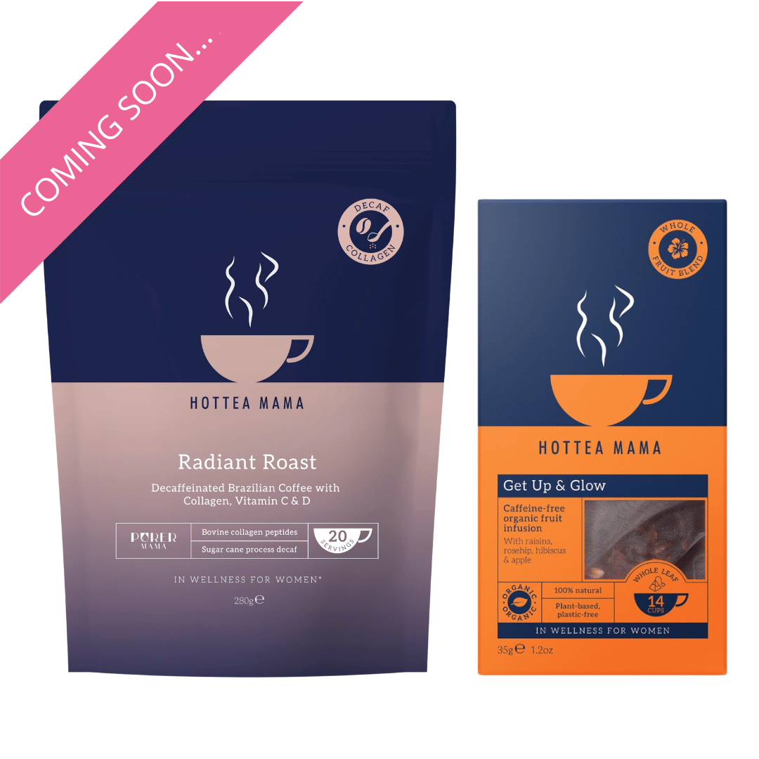 Hottea Mama Radiant Roast coffee and Get Up & Glow tea caffeine free blends on a white background