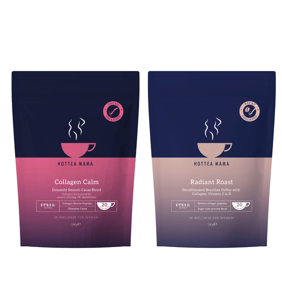 HotTea Mama Collagen Calm and Radiant Roast packages on a white background