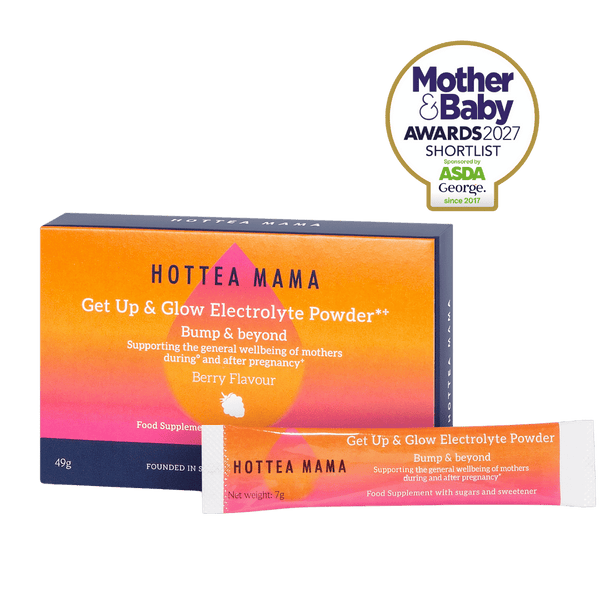 HOTTEA MAMA Get Up & Glow Electrolyte Powder** Berry Flavour, shown with its dark blue and orange box and a single sachet in front, on a white background with a Mother & Baby Awards 2027 Shortlist badge.