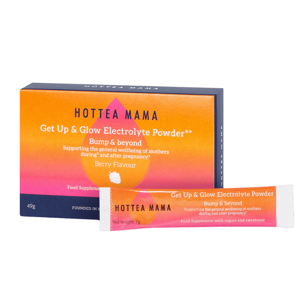 HOTTEA MAMA Get Up & Glow Electrolyte Powder** in Berry Flavour, shown with its retail box and a single sachet on a plain white background.