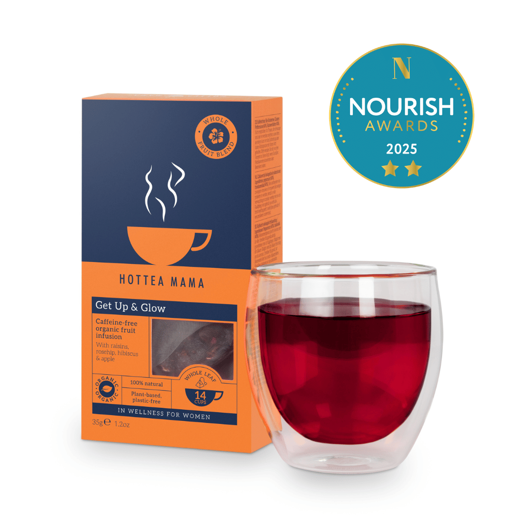 Image of Get Up & Glow pack with a brewed cup of tea and the Nourish Award Logo 2025 