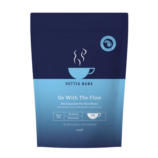 HotTea Mama Go With The Flow lactation and breastfeeding support hot chocolate pack on white background. 