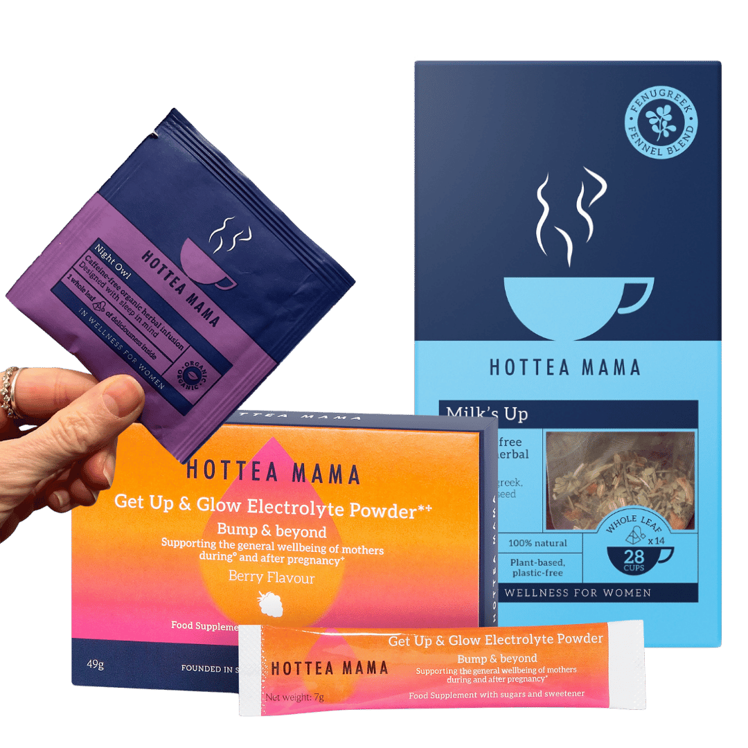 Hottea Mama Get Up & Glow Electrolyte Powder in Berry Flavour,  a blue and white Milk's Up box, and an individual Night Owl tea sample being held by a hand.