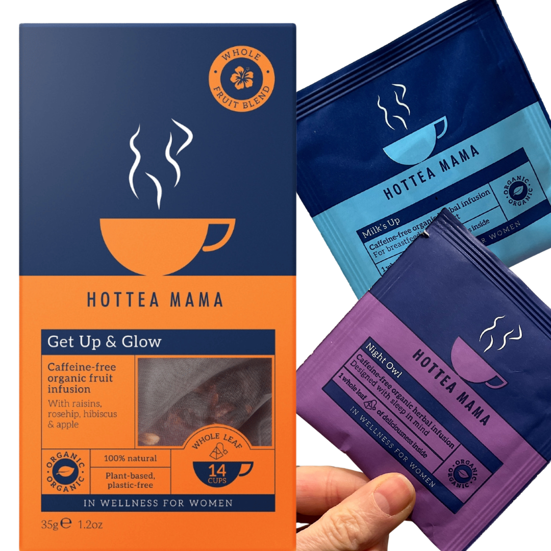 Image of HotTea Mama's postpartum samples box including Get Up & Glow, and individual samples of Milk's Up & Night Owl teas