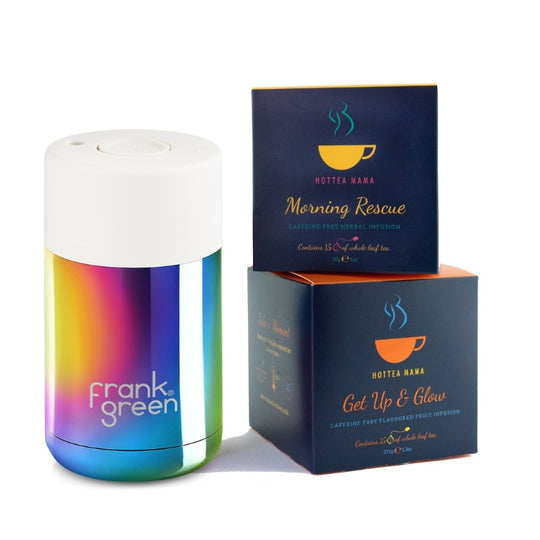 HotTea Mama Growing A Baby Gift Set on a white background, showing one splash-proof, one-handed cup plus Get Up & Glow pregnancy tea and Morning Rescue morning sickness tea.  The perfect baby shower gift.
