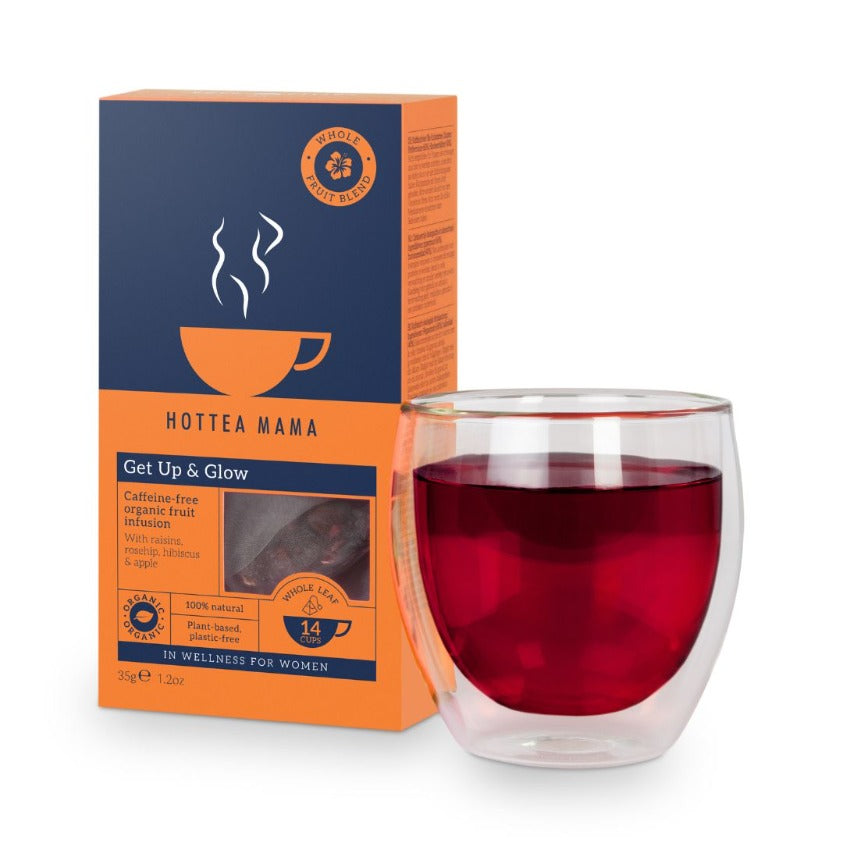 HotTea Mama Get Up & Glow uplifting fruit tea pack with glass tea cup with brewed pregnancy and nursing friendly tea inside 