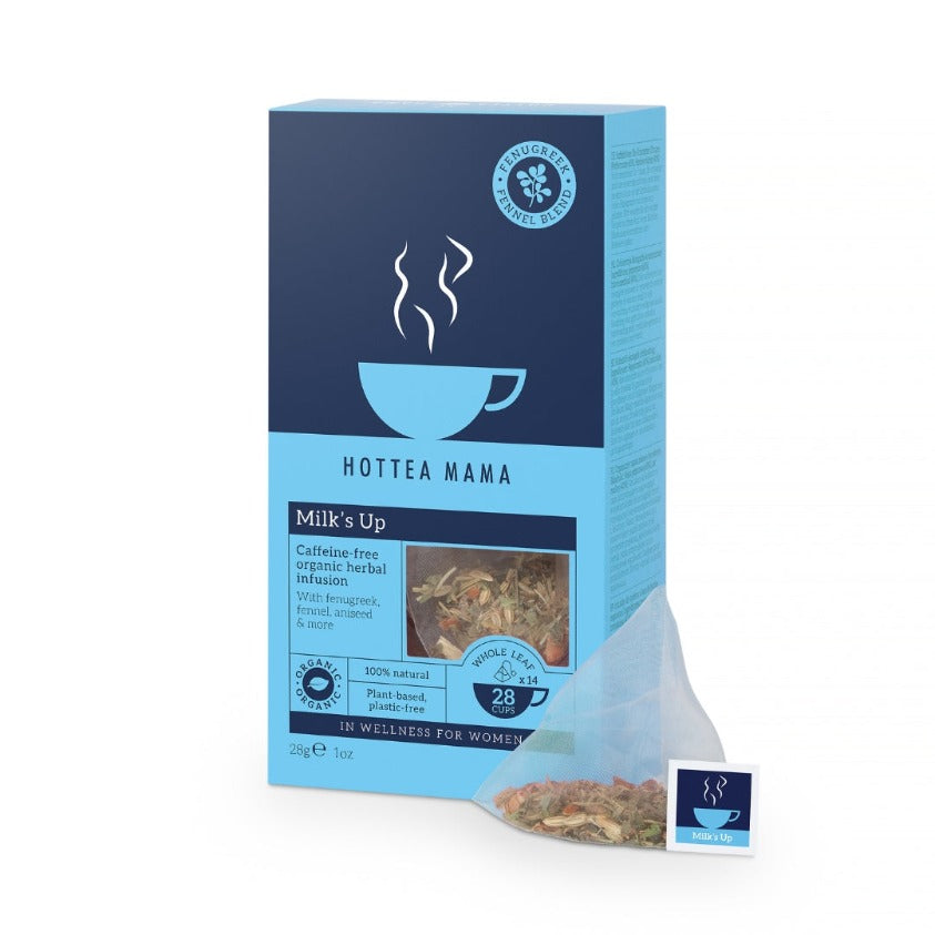 A pack of Milks Up lactation and breastfeeding tea with whole leaf tea bag by it