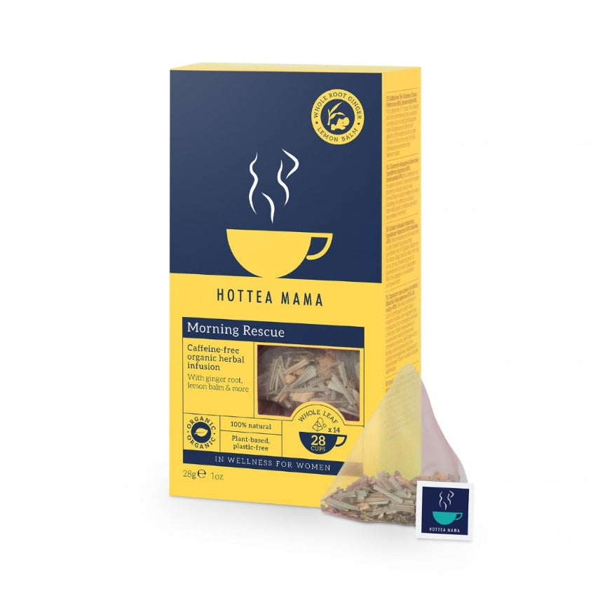 HotTea Mama Organic Morning Rescue pregnancy tea pack on white background, with whole leaf tea bag next to it, showing ginger root, lemon grass, lemon balm and lemon verbena to help morning sickness