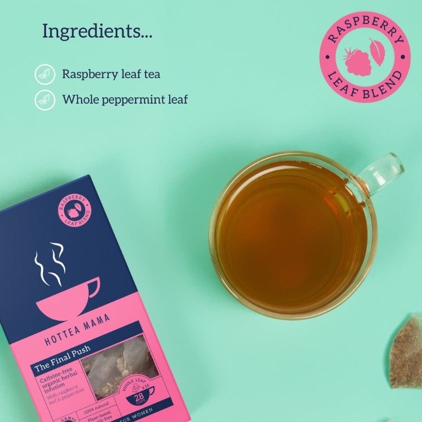 Infographic on turquoise background showing HotTea Mama The Final Push tea with ingredients listed - raspberry leaf and whole peppermint leaf