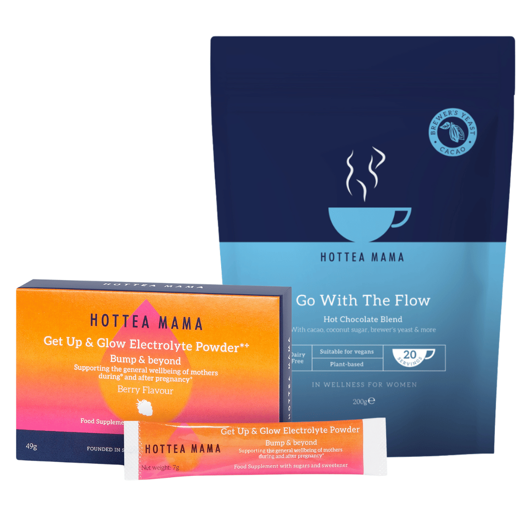 Hottea Mama Get Up & Glow Electrolyte Powder set, featuring a dark blue pouch of Go With The Flow Hot Chocolate Blend, a bright orange and pink box of Berry Flavour powder, and a single stick pack in front.
