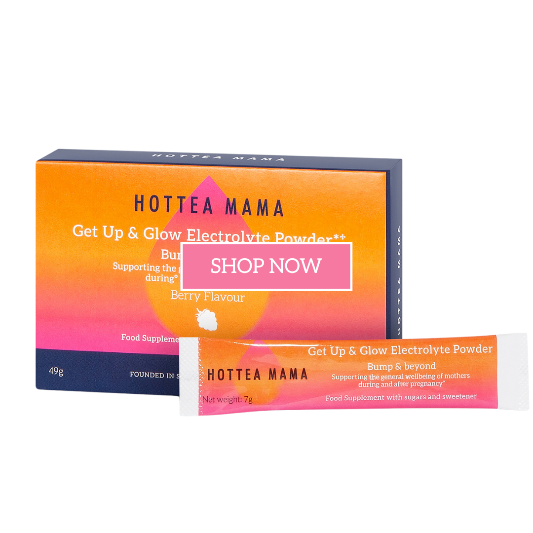 Hottea Mama Get Up & Glow Electrolyte Powder Berry Flavour, shown with its retail box and a single 7g sachet on a plain white background.