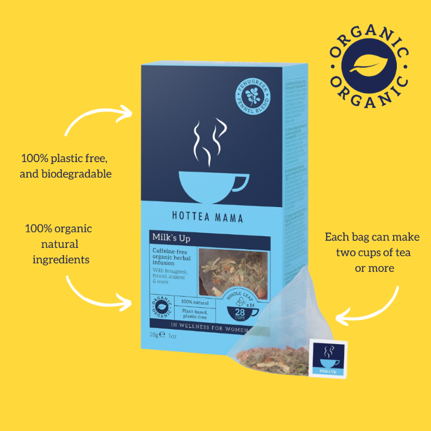 Infographic showing Milk's Up breastfeeding tea in centre, with organic logo and text stating tea bags are plastic free, biodegradable, natural, and each bag can make two cups of tea or more