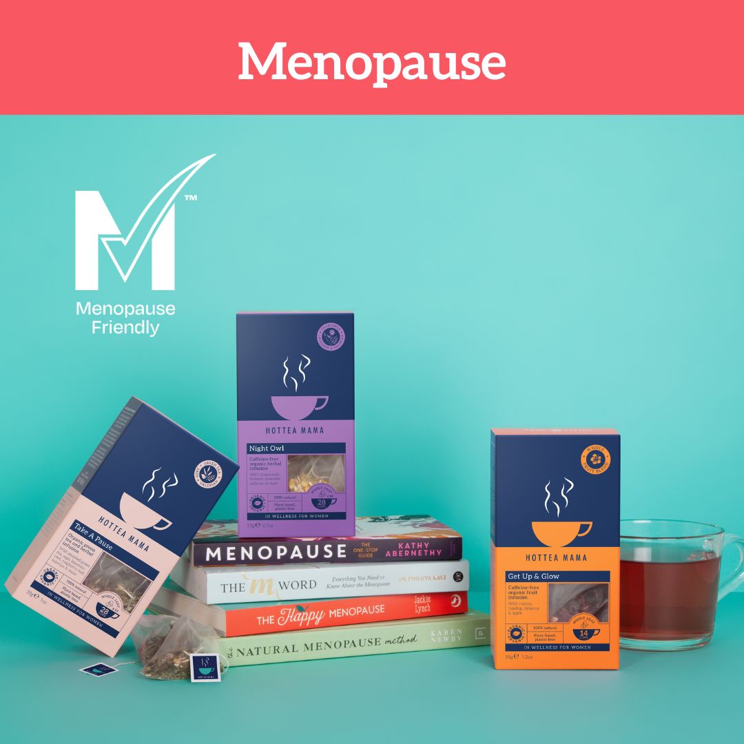 Three packs of HotTea Mama organic teas, sat on and around menopause and perimenopause books, and a glass cup with tea in it.  The header of this images states 'menopause'