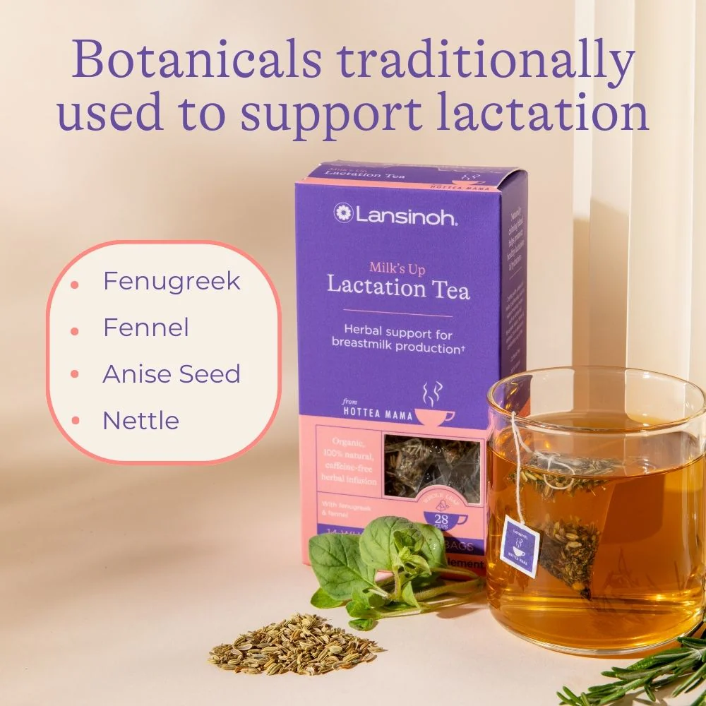 Image of HotTea Mama x Lansinoh Milk's Up breastfeeding support blend with bullet point list of herbal ingredients