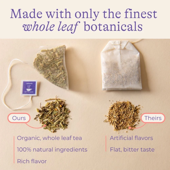 Image showing the natural whole leaf herbs and botanical included in HotTea Mama tea sachets versus the competitors blend