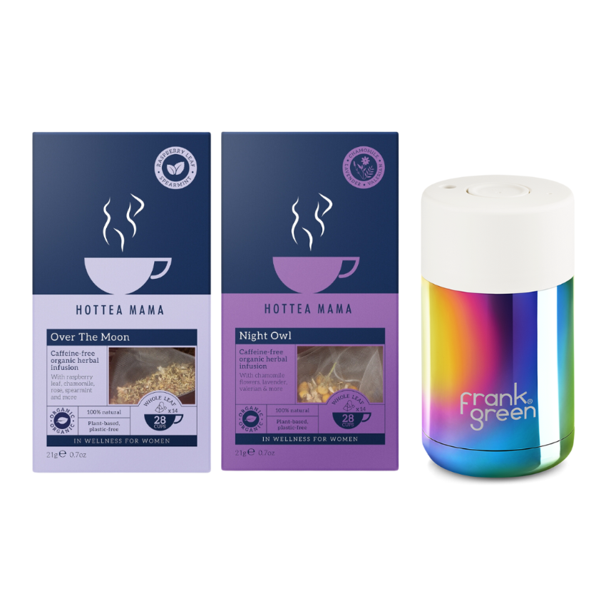 Pack of HotTea Mama Organic Over The Moon period support tea and organic Night Owl sleepy tea, next to a Frank Green splash proof cup