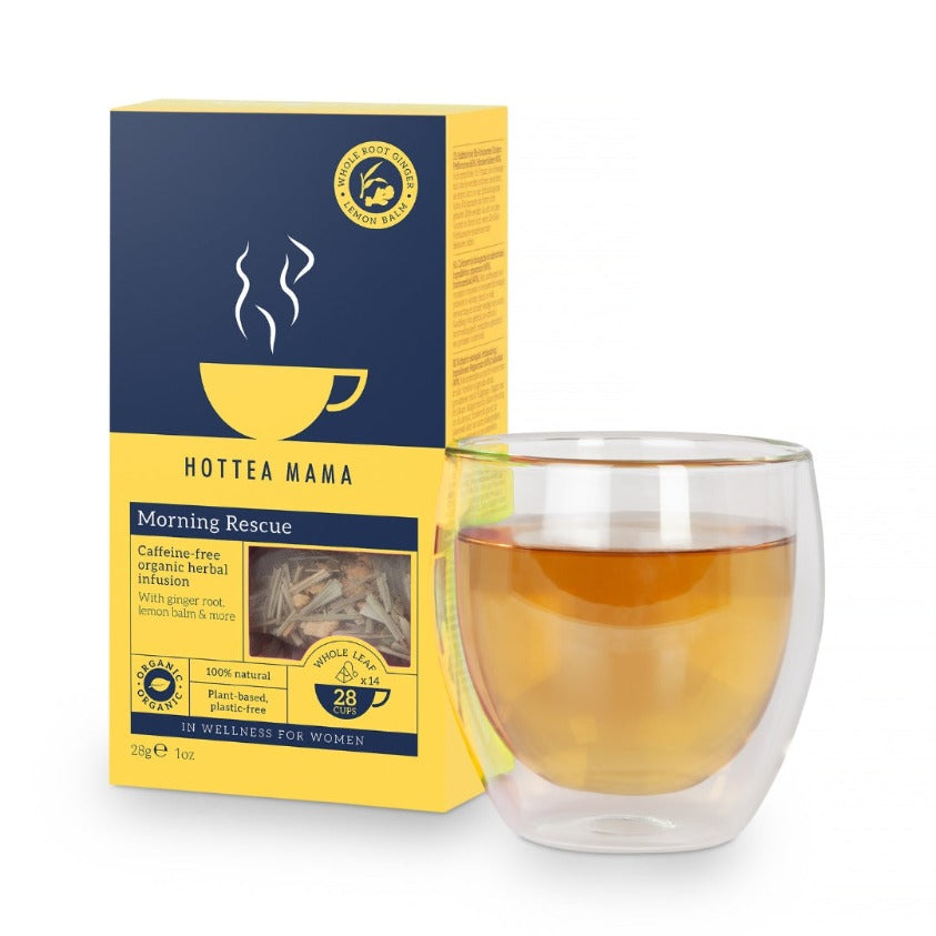 HotTea Mama Morning Rescue Herbal Tea pack with a cup of brewed lemon and ginger herbal tea next to it