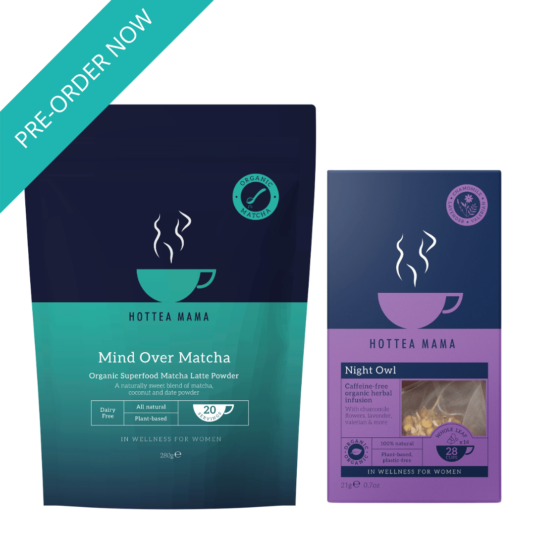 Two packs of HotTea Mama products - Mind Over Matcha and Night Owl on a white background