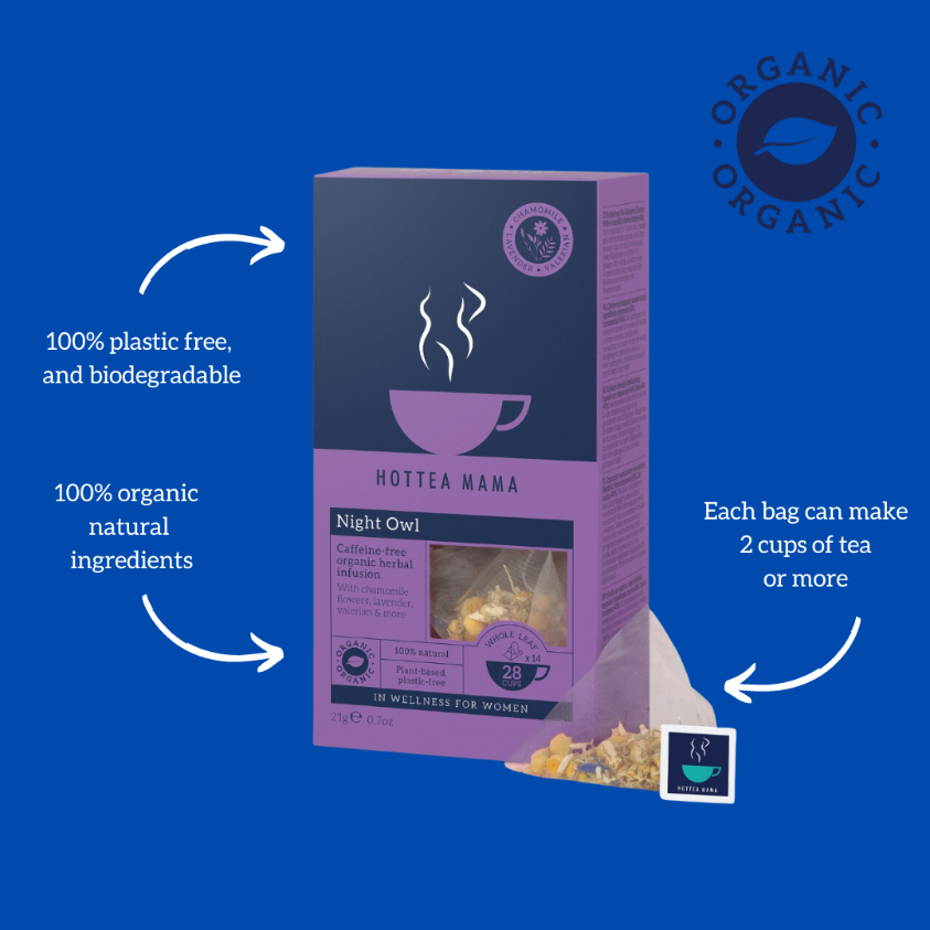 Infographic image of Night Owl calming herbal tea on blue background and text showing the tea is organic, natural, plastic free, biodegradable and each tea bag can make 2 cups of tea or more