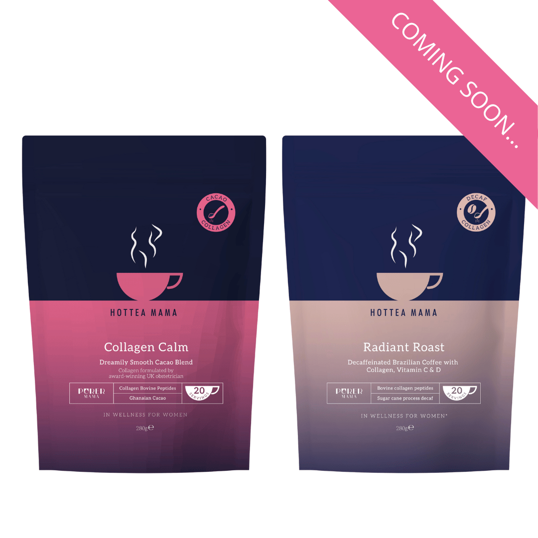 Two packs - HotTea Mama's Radiant Roast Decaffeinated Coffee and Collagen Calm Hot Chocolate on a white background with 'Coming Soon' text.