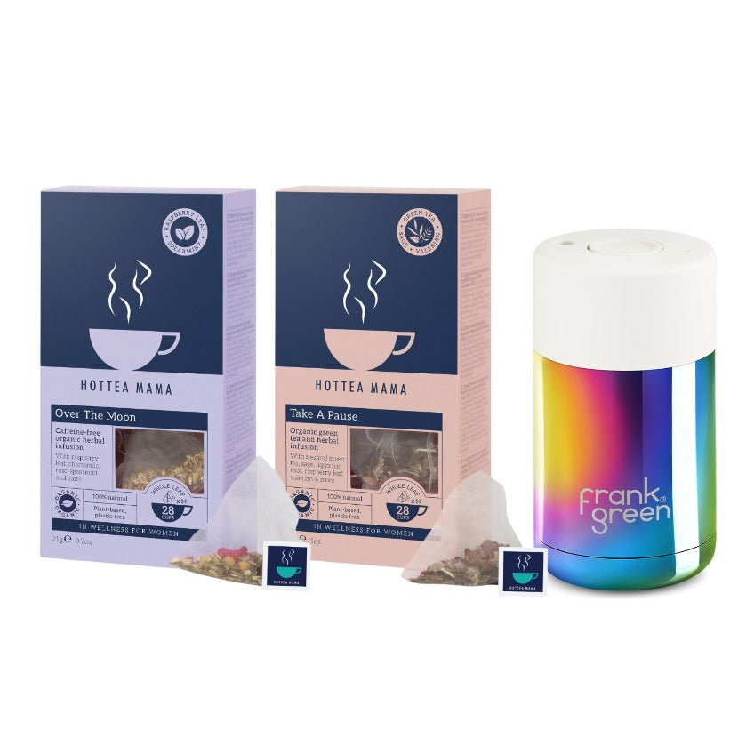 HotTea Mama Perimenopause Tea Survival Kit contains 1 pack of Over The Moon Menstruation Tea to support PMS, PCOS, endometriosis and happy periods, plus Take A Pause menopause support tea with green tea, sage, valerian, ginseng and more to target the most common symptoms of perimenopause and postmenopause