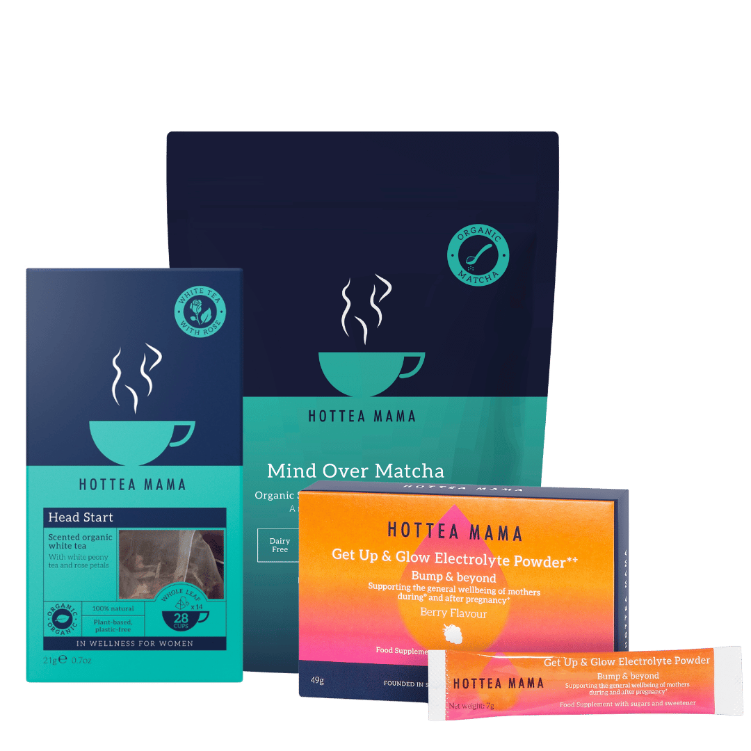 A product bundle of Hottea Mama blends including Head Start, Mind Over Matcha, and Get Up & Glow Electrolyte Powder (Berry Flavour) in its box, sachet, and tube packaging, arranged on a plain white background.