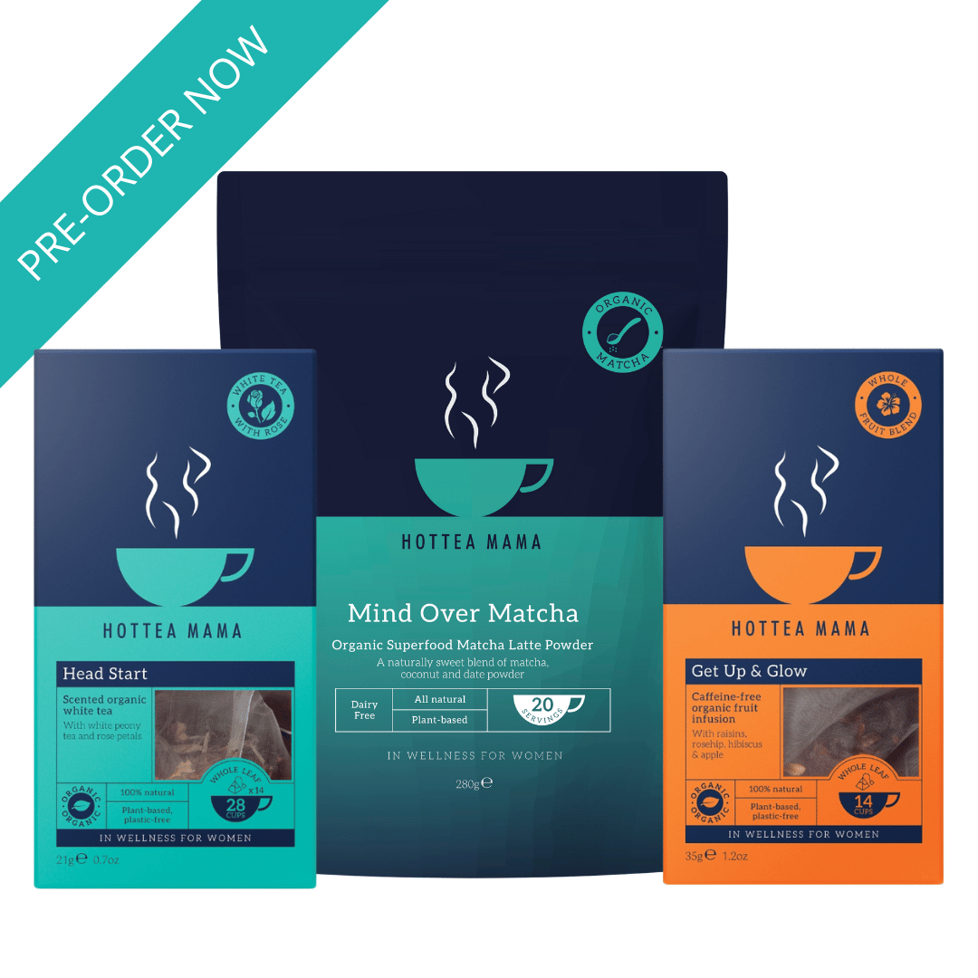 HotTea Mama Postpartum Boost Tea Bundle collection - Head Start, Mind Over Matcha and Get Up & Glow packs all on a white background