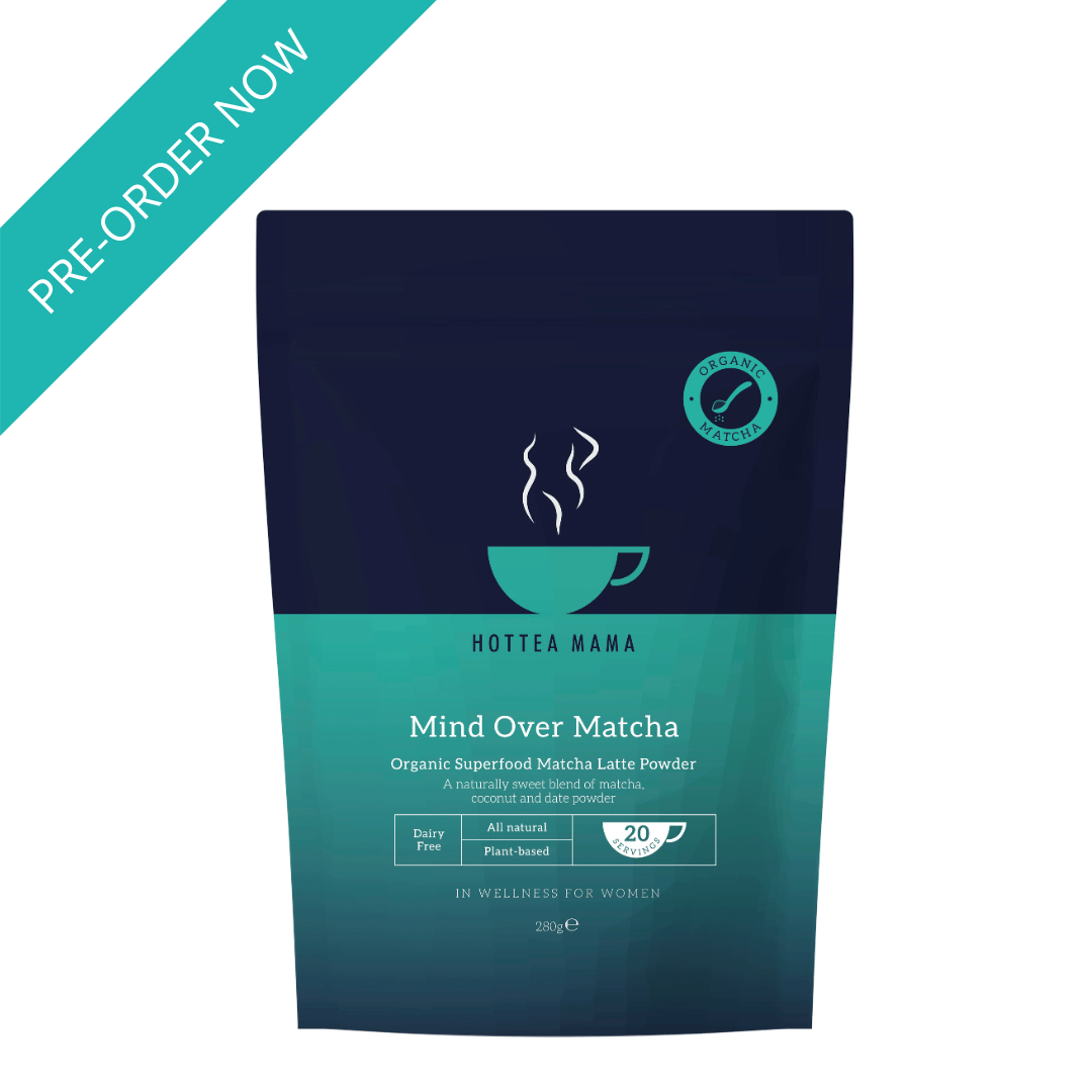 Hottea Mama Mind Over Matcha packaging on a white background with pre-order notification in left corner