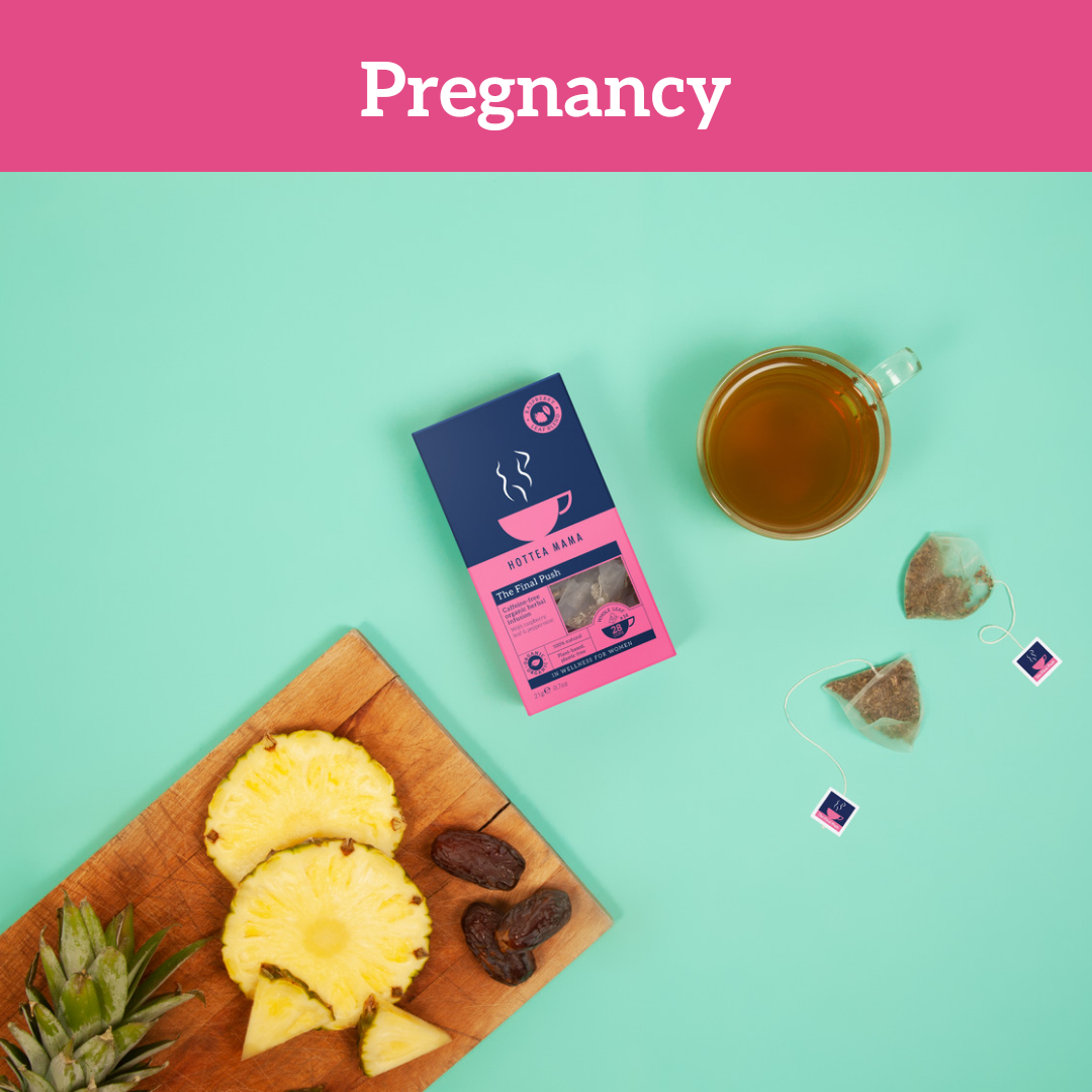 The Final Push raspberry leaf tea for pregnancy on green background with pineapple and dates which can also help birth preparation