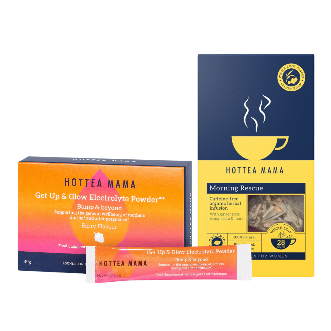 HotTea Mama set to support pregnancy nausea including Get Up & Glow Electrolyte powder and Morning Rescue tea